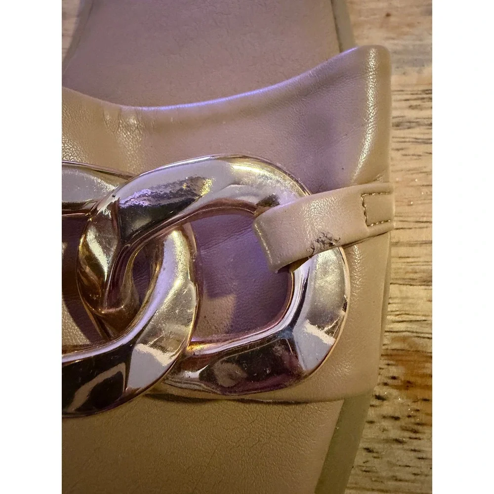 Torrid Womens 9.5WW Tan Gold Chain Slide Sandals Square Toe Flat Wide Width